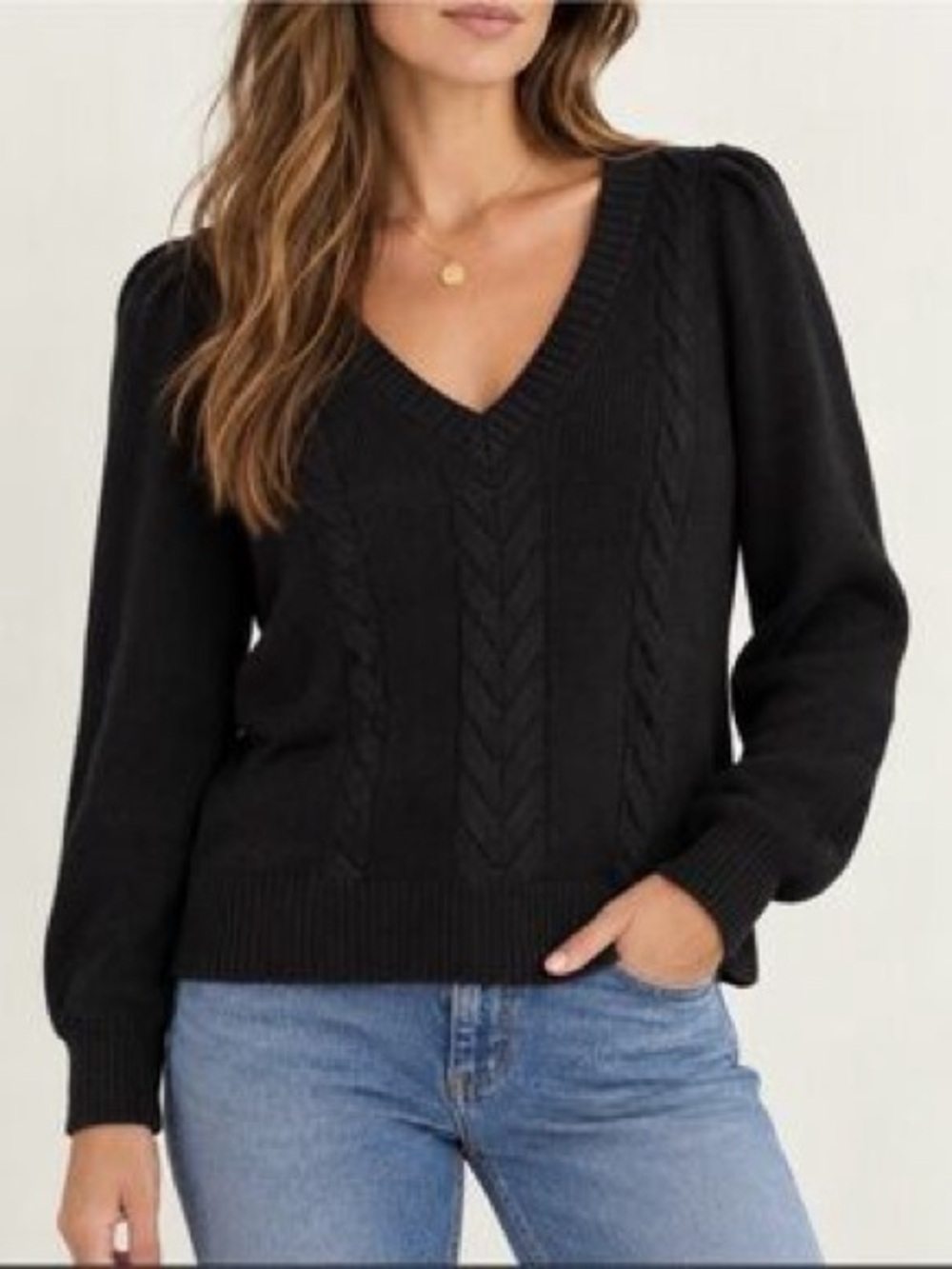 Madewell Black V-Neck Cable Knit Sweater Size Small Merino Wool